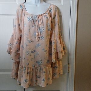 Jodifl  peach with floral print oversized tunic sheer blouse  Sz L